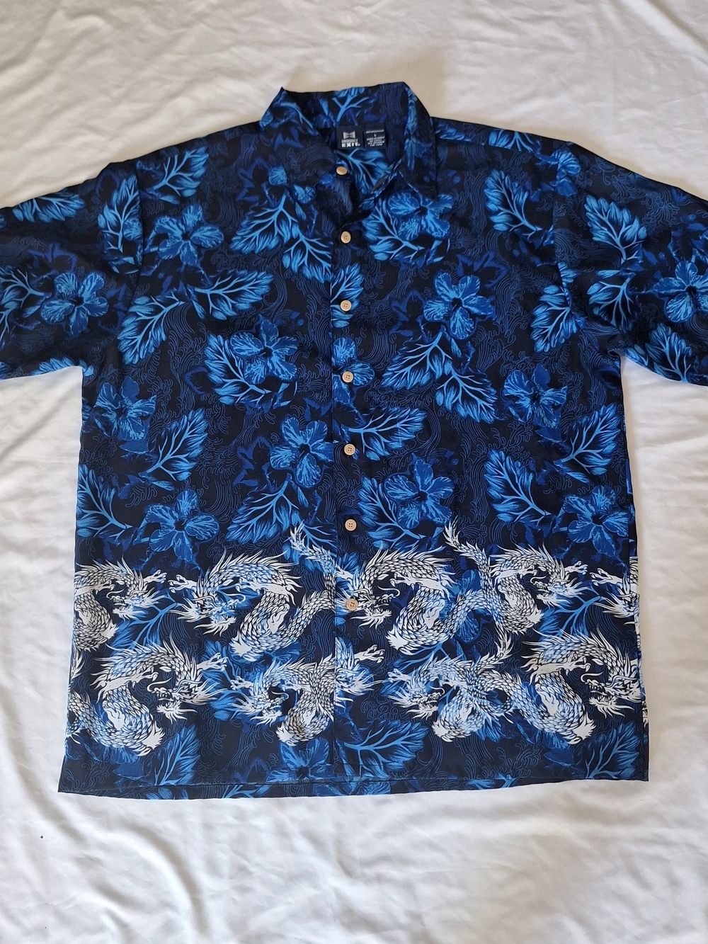VTG Emergency Exit Shirt Men L Blue W/White Dragon Hawaiian Button Up Y2K